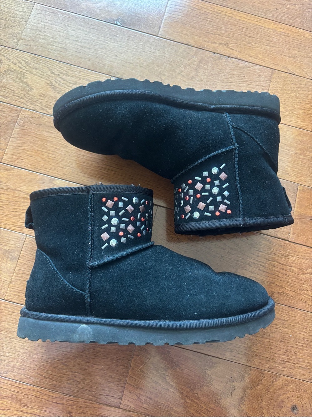 UGG Black Suede Short Booties with Pink Stud Embellishments